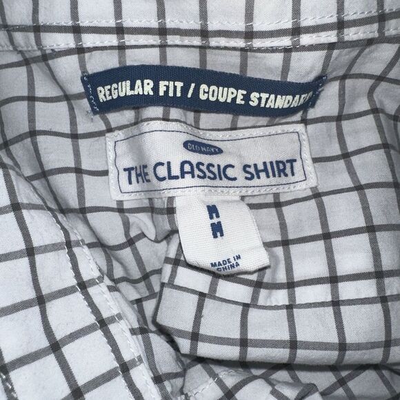 Old Navy The Classic Shirt Mens Medium Plaid Long‎ Sleeve Button Down Grey White - Picture 4 of 5